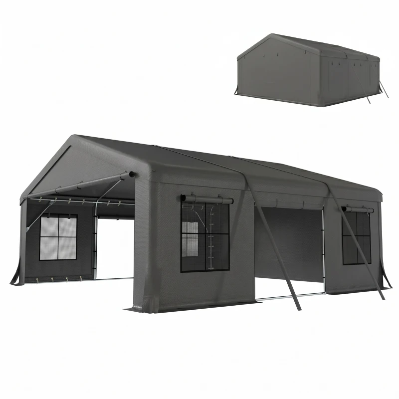 Outsunny 20' x 20' Heavy Duty Carport, Portable Garage Car Canopy Tent Shelter with 3 Roll-up Doors, 4 Windows, Dark Grey