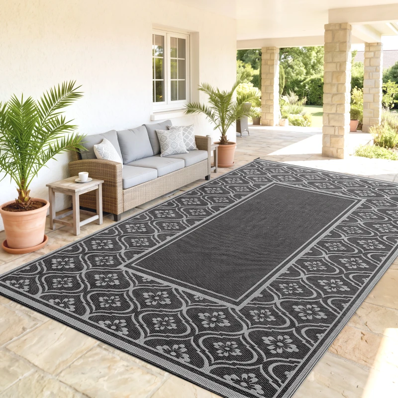 Outsunny Reversible Outdoor Rug, Waterproof Plastic Straw with Carry Bag, 9' x 18', Black & Gray Gourd Border