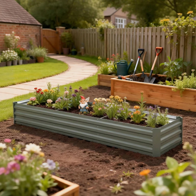 Outsunny 8'x2'x1' Galvanized Raised Bed, Large Elevated Planter Box for Growing Flowers, Herbs and Vegetables, Light Grey
