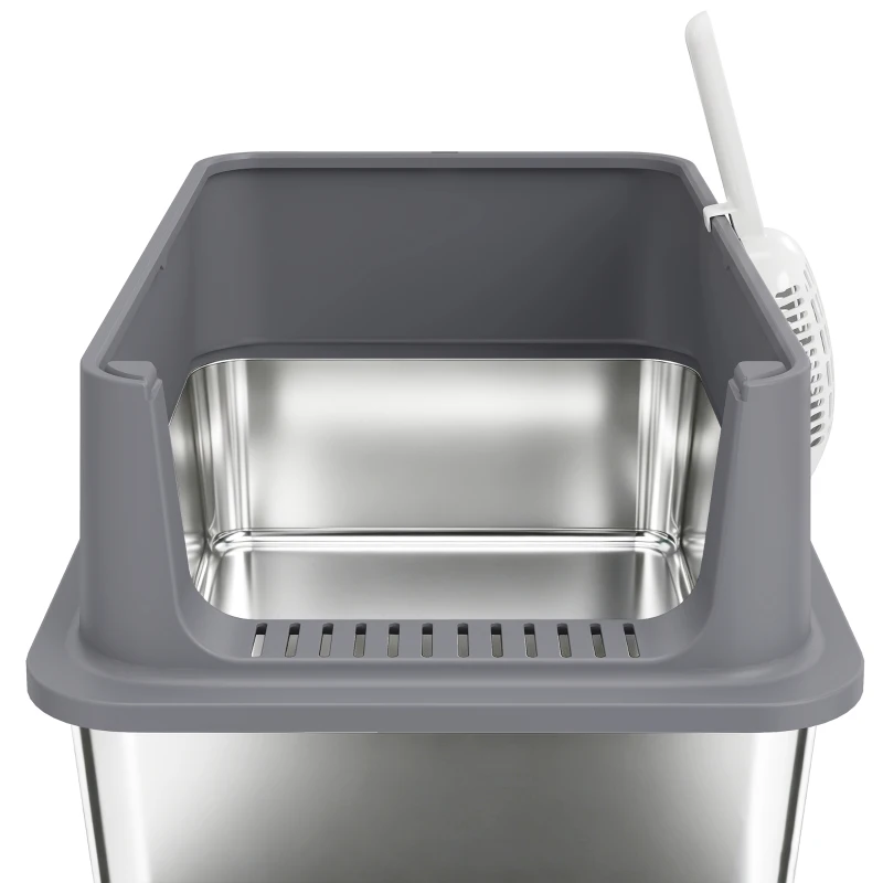 PawHut 2 Pack XL Stainless Steel Litter Box with Scoops, High Sided, for Big and Multiple Cats, Anti-Urine Leakage