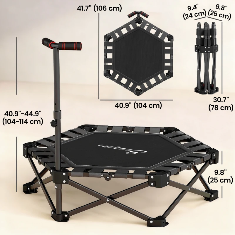 Soozier 42" Foldable Mini Trampoline, One-Step Fold Rebounder Trampoline with Adjustable Foam Handle for Indoor Outdoor Workout
