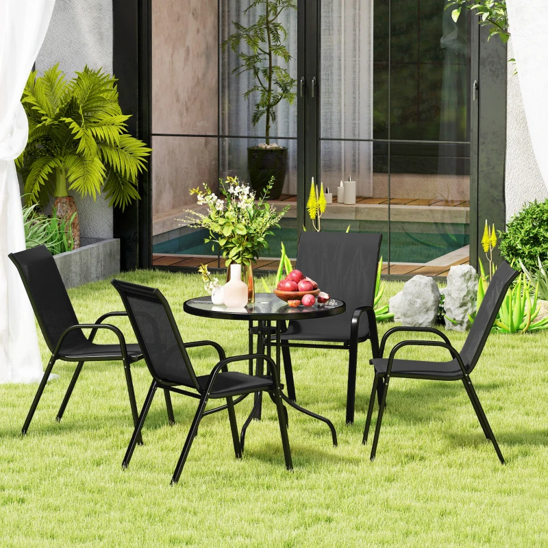 Outsunny Five-Piece Steel Patio Set, with Glass-Top Table - Black