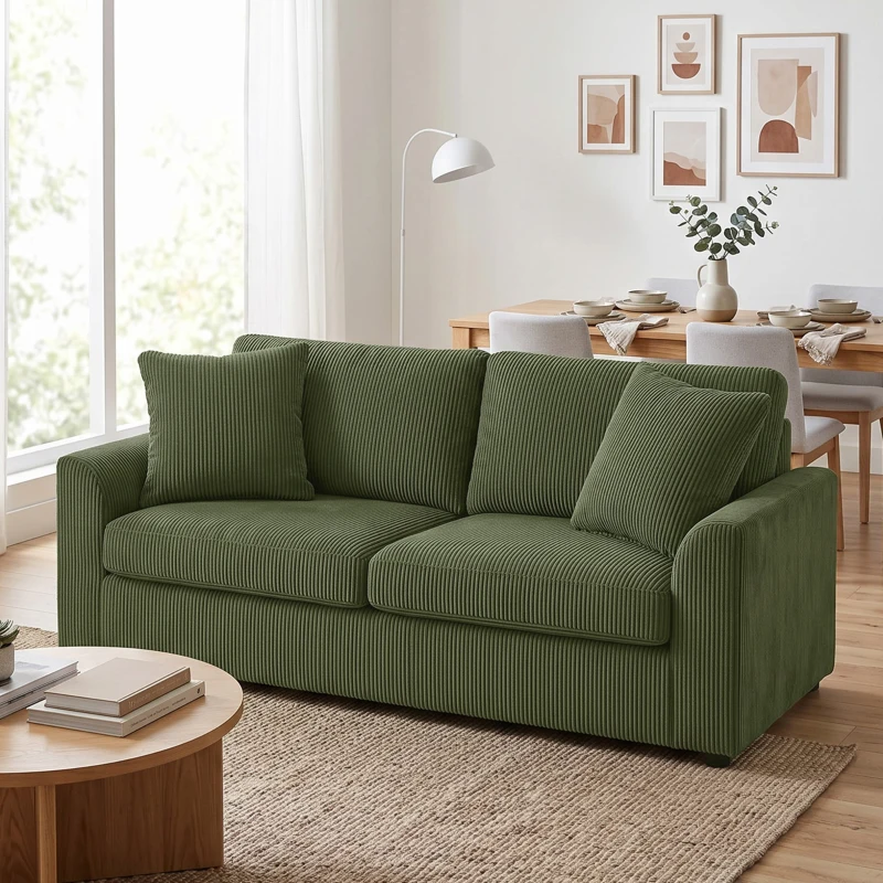 HOMCOM 3 Seater Sofa, 83.5" Modern Upholstered Couch with Pocket Spring and 2 Scatter Cushions for Living Room, Green