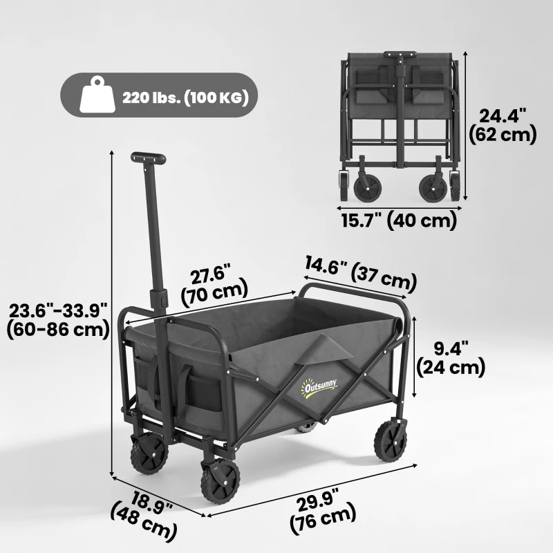 Outsunny Collapsible Folding Garden Cart, Heavy Duty Lawn Wagon with Universal Wheels and Adjustable Handle, Grey