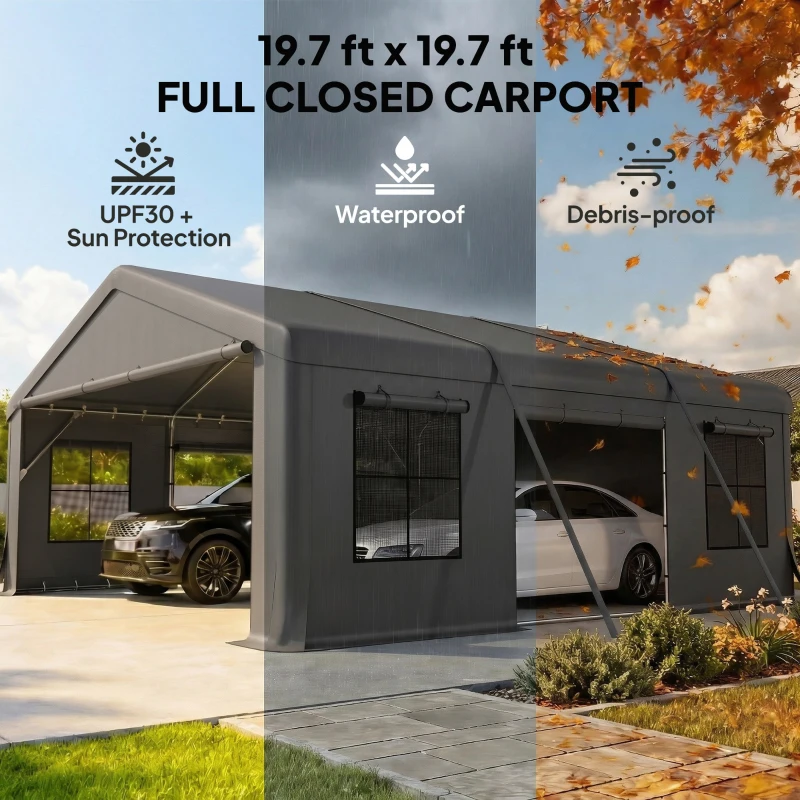 Outsunny 20' x 20' Heavy Duty Carport, Portable Garage Car Canopy Tent Shelter with 3 Roll-up Doors, 4 Windows, Dark Gray