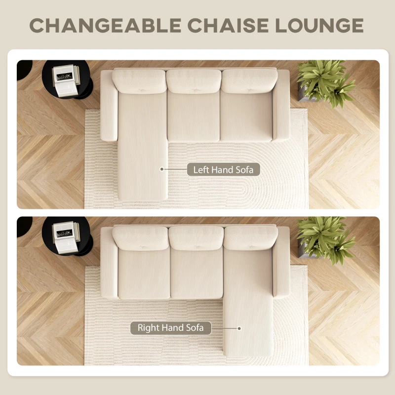 HOMCOM Sectional Sofa with Changeable Chaise Lounge, 3 Seat L-Shaped Sofa, Upholstered Couch for Small Space, Cream White