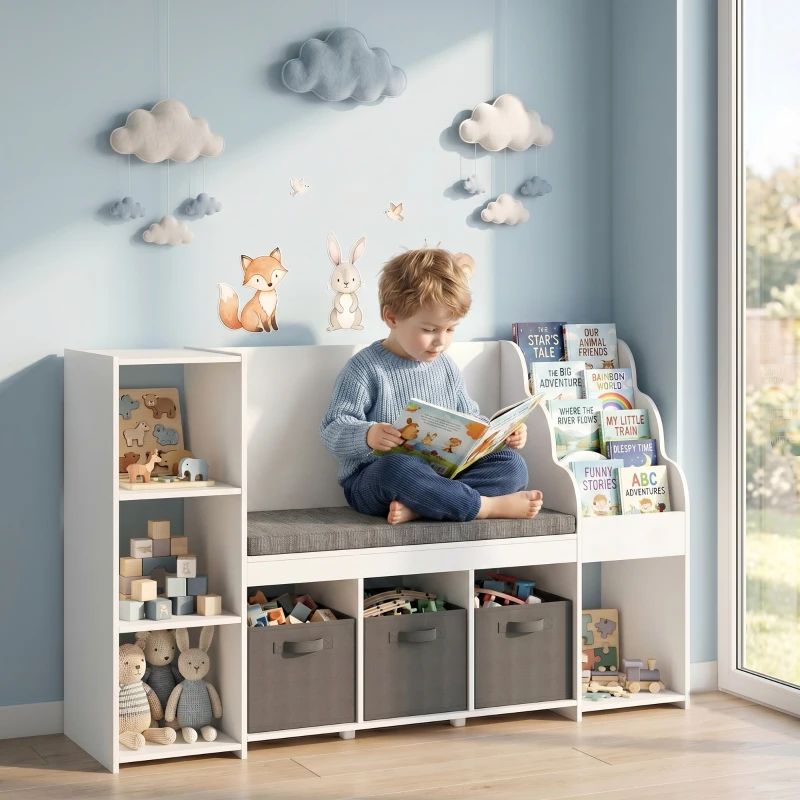 Qaba Kids Storage Shelf with Reading Nook, Toy Storage Organizer with Seat Cushion, 3 Fabric Drawers for Playroom, Nursery