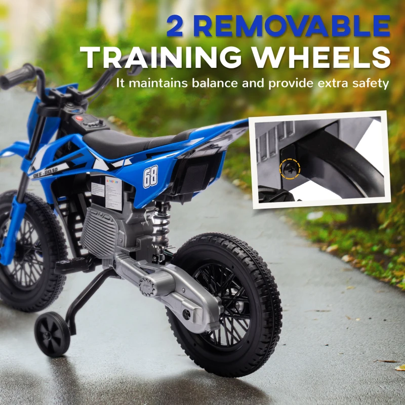 Qaba 12V Kids Dirt Bike, Electric Motorcycle with Twist Grip Throttle, Training Wheels, Rear Suspension & Music, Blue
