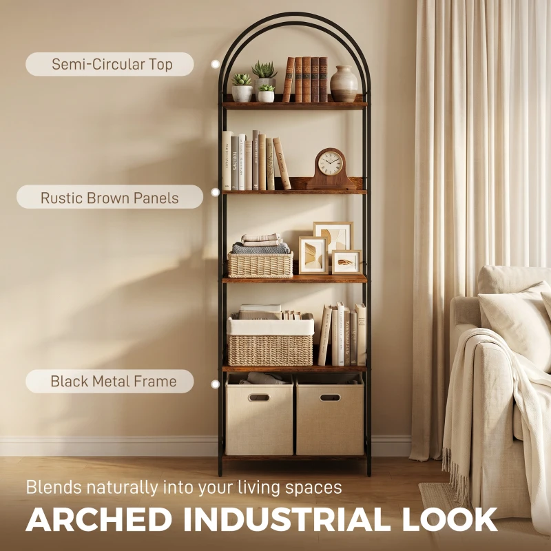 HOMCOM Bookshelf 5 Tier Arched Bookcase, 73.2" Tall Industrial Open Book Shelves with Metal Frame, Rustic Brown