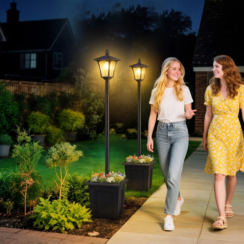 Outsunny 63" Solar Lamp Post Lights 2 Pack, Waterproof LED Solar Light Posts with Planter, Black