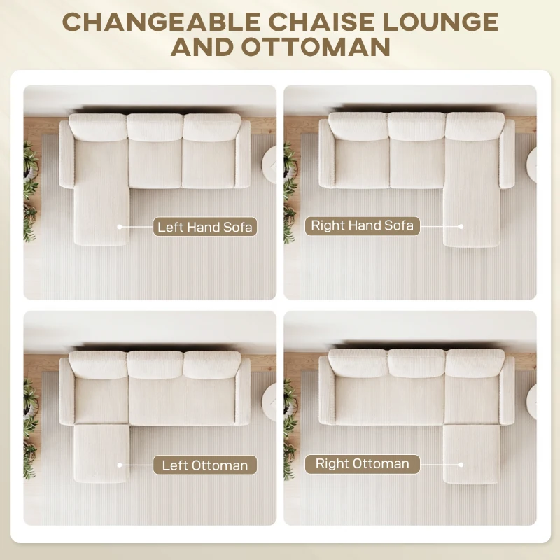 HOMCOM Sectional Sofa, L Shaped Couch, with Changeable Chaise or Ottoman, Cream White