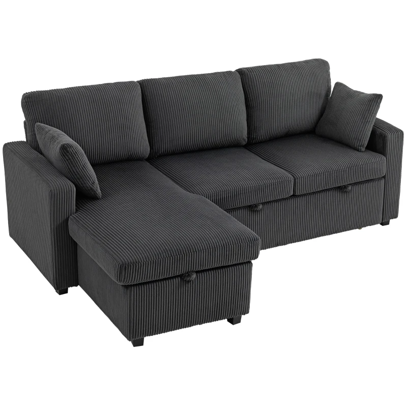 HOMCOM 81" Sofa Bed, 2 In 1 Pull Out Sleeper Sofa Bed with Storage, Corduroy Convertible Couch for Living Room, Dark Grey