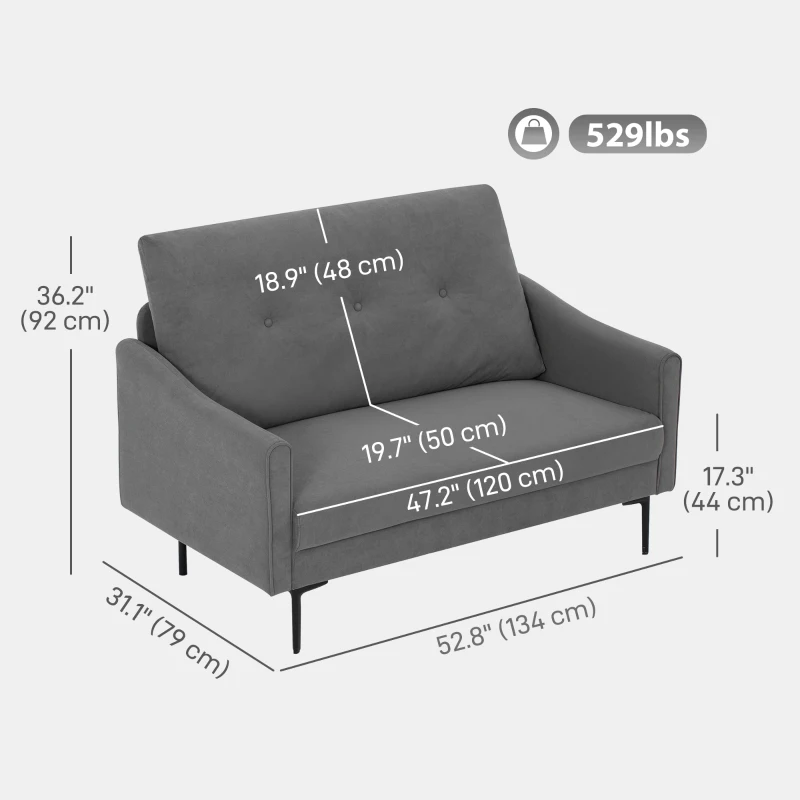 HOMCOM 2 Seater Sofa, Small Modern Couch with High-Resilience Foam, Thicken Padding, Button Tufted, Grey