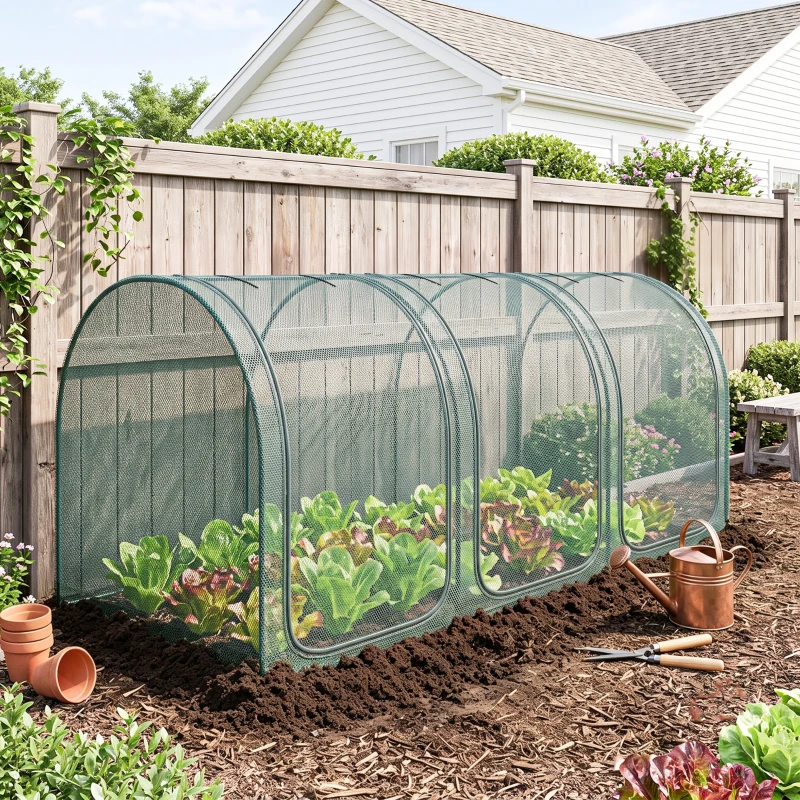 Outsunny 9' x 4' Crop Cage, Plant Protection Tent with Three Zippered Doors, Storage Bag and 4 Ground Stakes, for Garden, Yard, Lawn, Green
