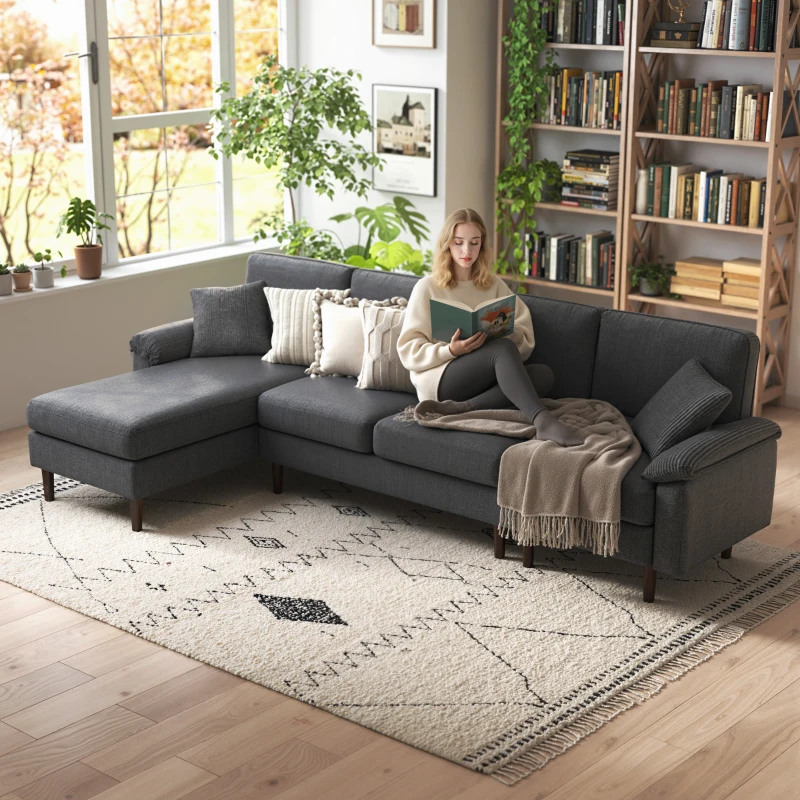 HOMCOM L-Shape Sofa, Modern Sectional Couch with Changeable Chaise Lounge, Pillows and Wooden Legs for Living Room, Dark Grey