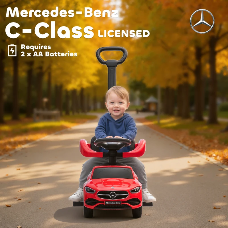 Qaba Mercedes-Benz C-Class Licensed Ride-On Push Car, Baby Stroller Walking Car with Parent Control Handle, Horn, Red