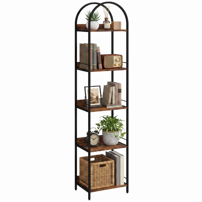 HOMCOM Bookshelf 5 Tier Arched Bookcase, 69.5" Tall Industrial Open Book Shelves with Metal Frame, Rustic Brown