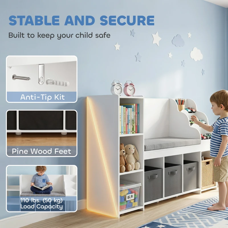 Qaba Kids Storage Shelf with Reading Nook, Toy Storage Organizer with Seat Cushion, 3 Fabric Drawers for Playroom, Nursery