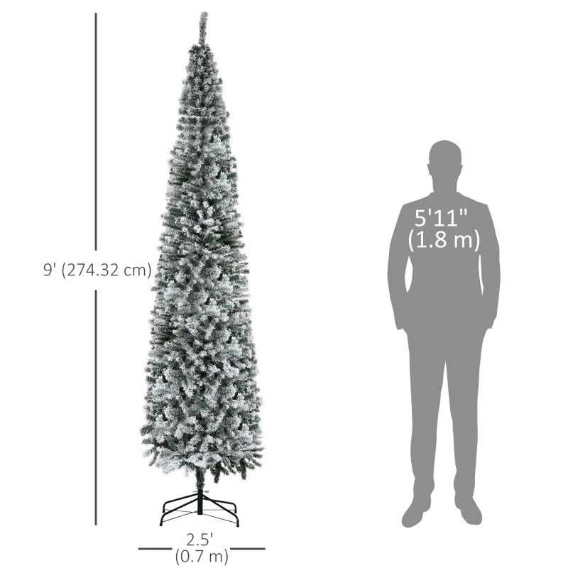 HOMCOM 9ft Flocked Christmas Tree, Pencil Christmas Tree with Realistic Branch Tips, Folding Metal Stand, Green