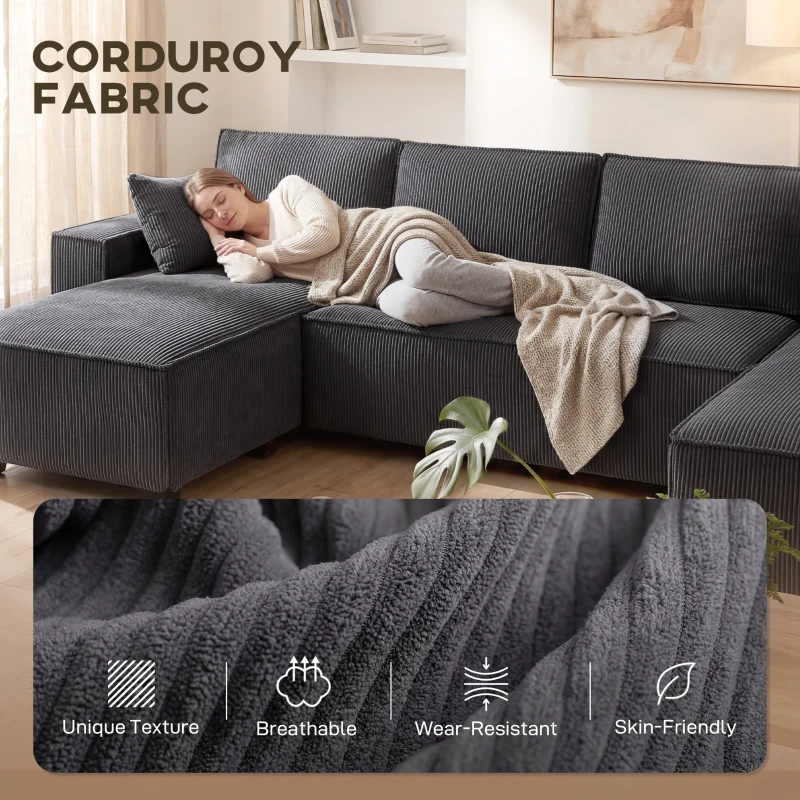 HOMCOM Modular U Shaped Couch, Sectional Sofa with Double Chaises and Spring Cushions, Dark Grey