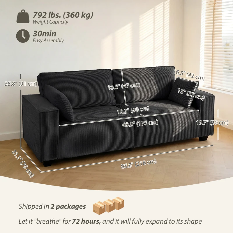 HOMCOM 86" 3 Seater Sofa, Modern Corduroy Upholstered Couch, Dark Grey