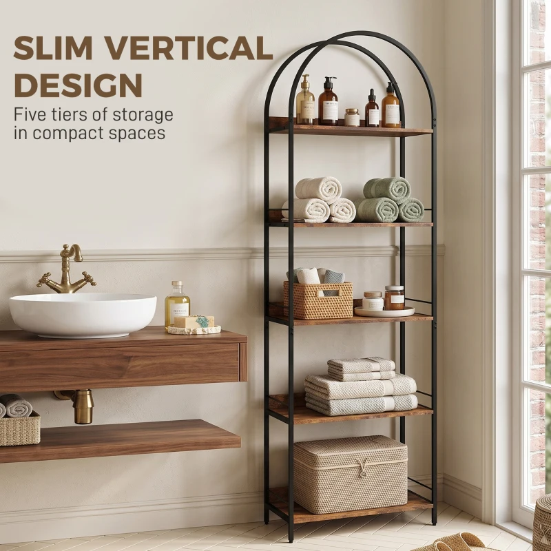 HOMCOM Bookshelf 5 Tier Arched Bookcase, 73.2" Tall Industrial Open Book Shelves with Metal Frame, Rustic Brown