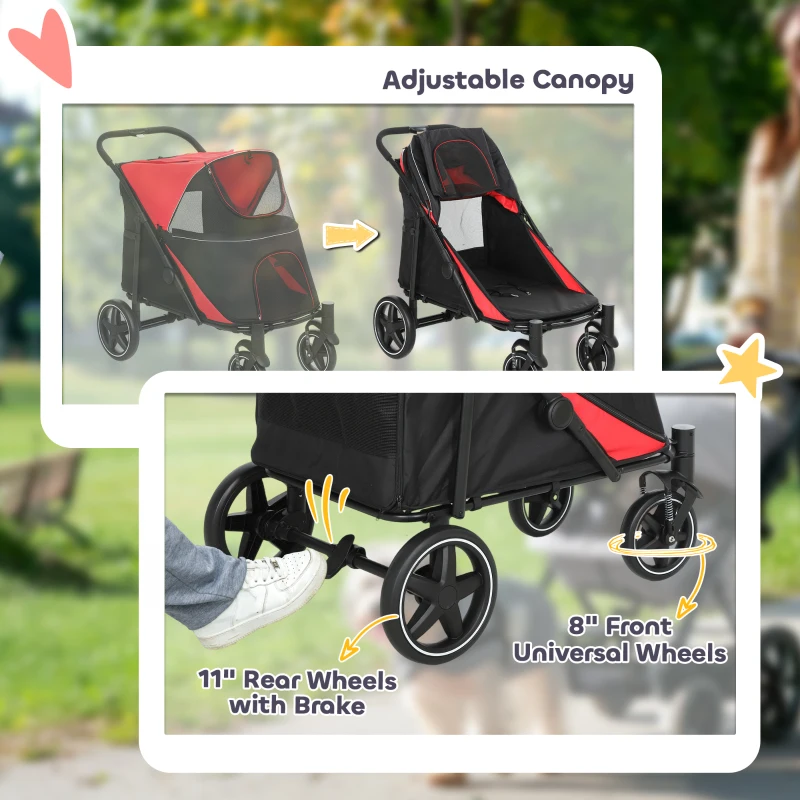 PawHut Foldable Pet Stroller with Universal Front Wheels, Shock Absorber, Dog Cat Carriage for Large & Medium Dogs, Red