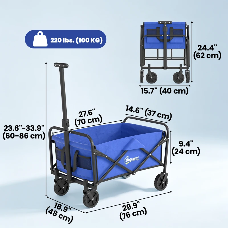 Outsunny Collapsible Folding Garden Cart, Heavy Duty Lawn Wagon with Universal Wheels and Adjustable Handle, Blue