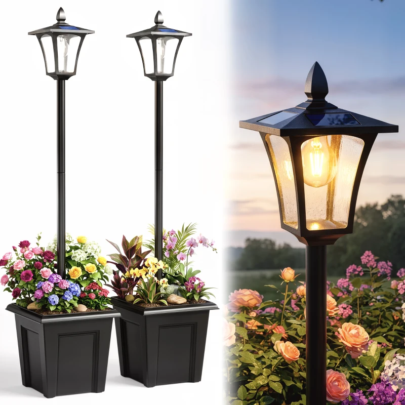 Outsunny 63" Solar Lamp Post Lights 2 Pack, Waterproof LED Solar Light Posts with Planter, Black
