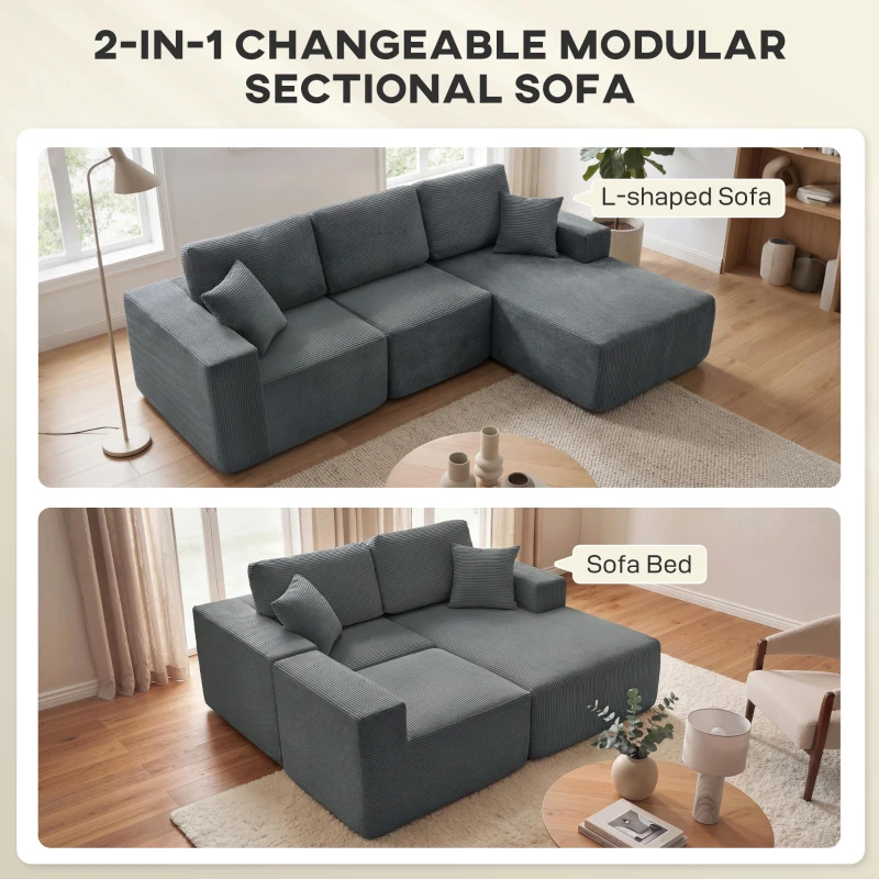 HOMCOM 2-in-1 Modular Sectional Sofa, Boneless L Shaped Couch Sofa Bed, Dark Grey