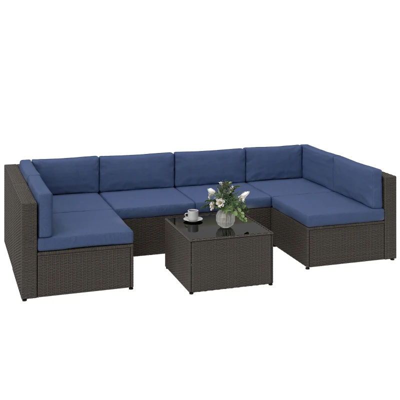 Outsunny 7 Piece Patio Furniture Set, All Weather PE Rattan Outdoor Furniture Conversation Sets with Glass Top Coffee Table