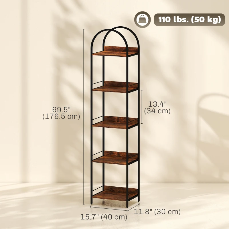 HOMCOM Bookshelf 5 Tier Arched Bookcase, 69.5" Tall Industrial Open Book Shelves with Metal Frame, Rustic Brown