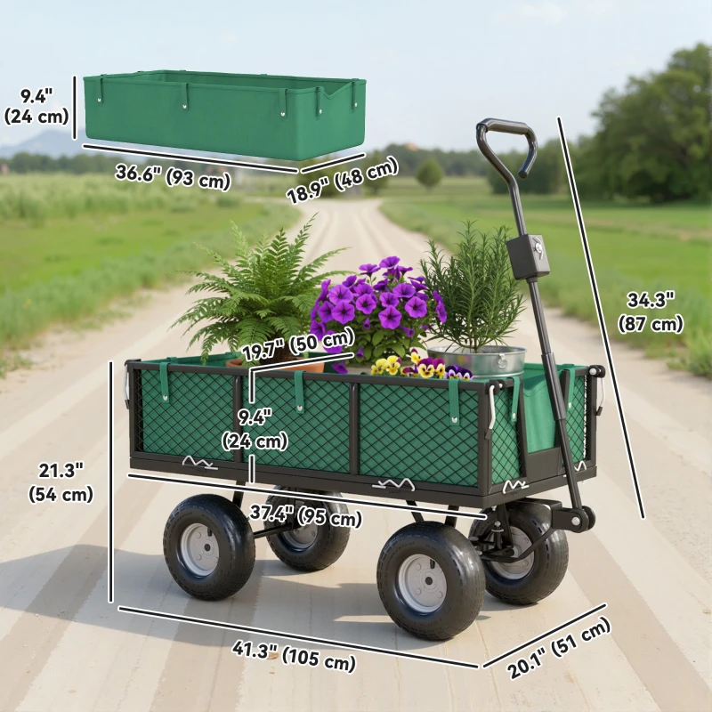 Outsunny Steel Garden Cart, Utility Wagon Cart with Removable Liner, Quick-Release Sides, 10" Wheels, 660lbs Capacity, Green