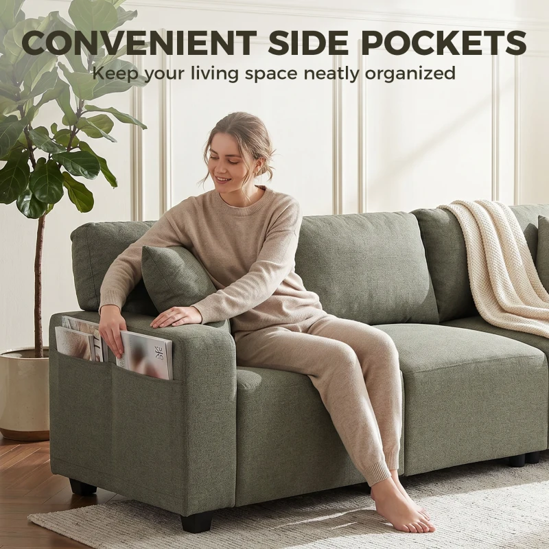 HOMCOM 3 Seater Sofa with Storage Pockets, Modern Upholstered Couch with Pocket Springs, Green