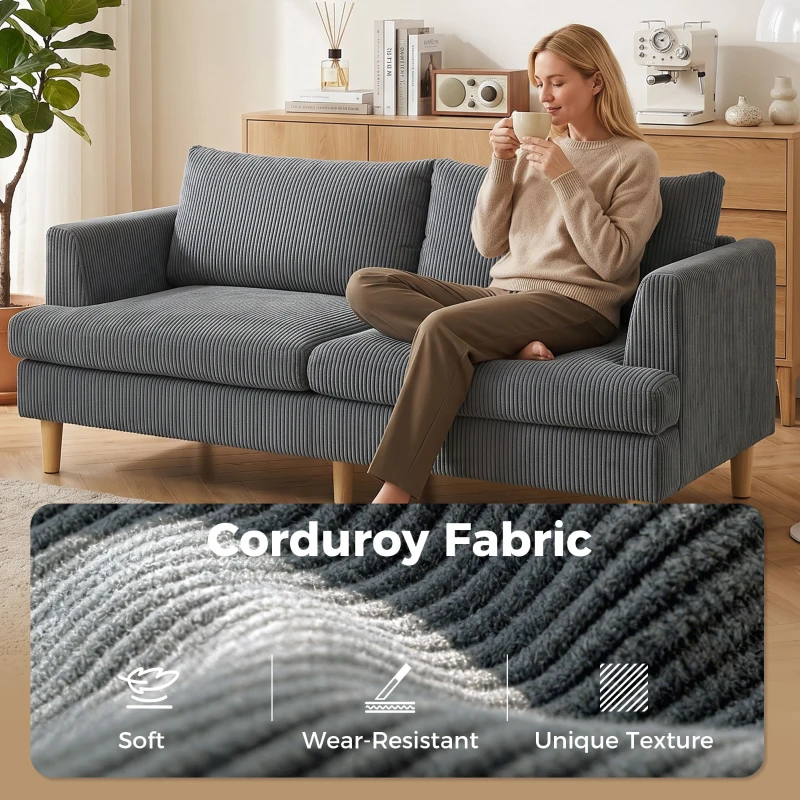 HOMCOM 3 Seater Sofa, 74" Modern Corduroy Upholstered Couch with Thick Spring Cushions, Solid Wood Legs, Armrests, Dark Grey