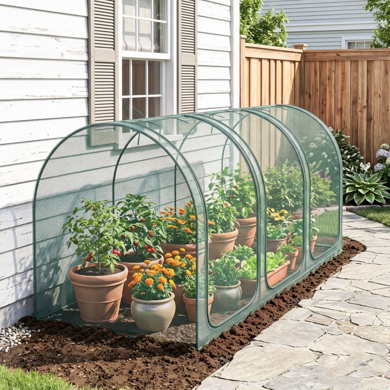 Outsunny 9' x 4' Crop Cage, Plant Protection Tent with Three Zippered Doors, Storage Bag and 4 Ground Stakes, for Garden, Yard, Lawn, Green