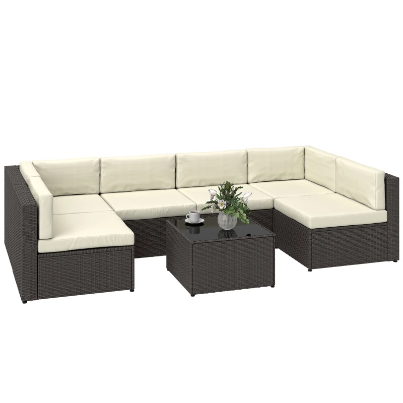 Outsunny 7 Piece Patio Furniture Set, All Weather PE Rattan Outdoor Furniture Conversation Sets with Glass Top Coffee Table