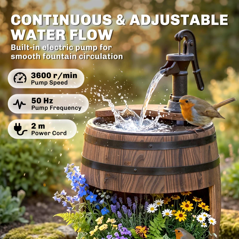 Outsunny 23" H Outdoor Water Fountain Wood and Plastic Rustic Apple Barrel Pump Garden Decor for Outside Backyard