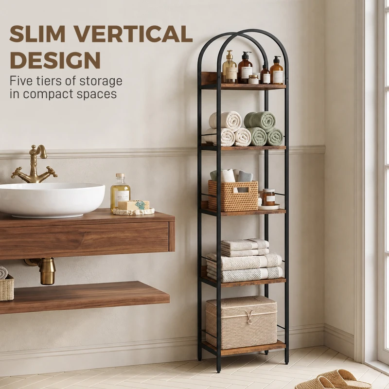 HOMCOM Bookshelf 5 Tier Arched Bookcase, 69.5" Tall Industrial Open Book Shelves with Metal Frame, Rustic Brown