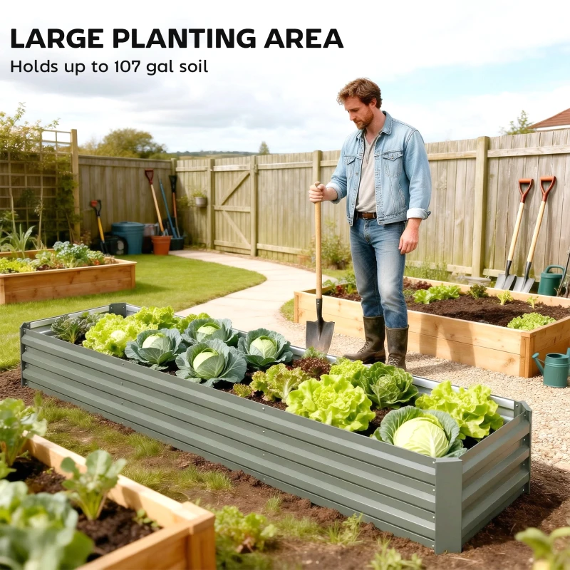 Outsunny 8'x2'x1' Galvanized Raised Bed, Large Elevated Planter Box for Growing Flowers, Herbs and Vegetables, Light Grey