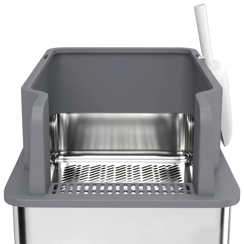 PawHut Stainless Steel Sifting Litter Box for Pine Pellet, High Sided, Anti-Leakage, Less Tracking, Includes Scoop & 10 Pads