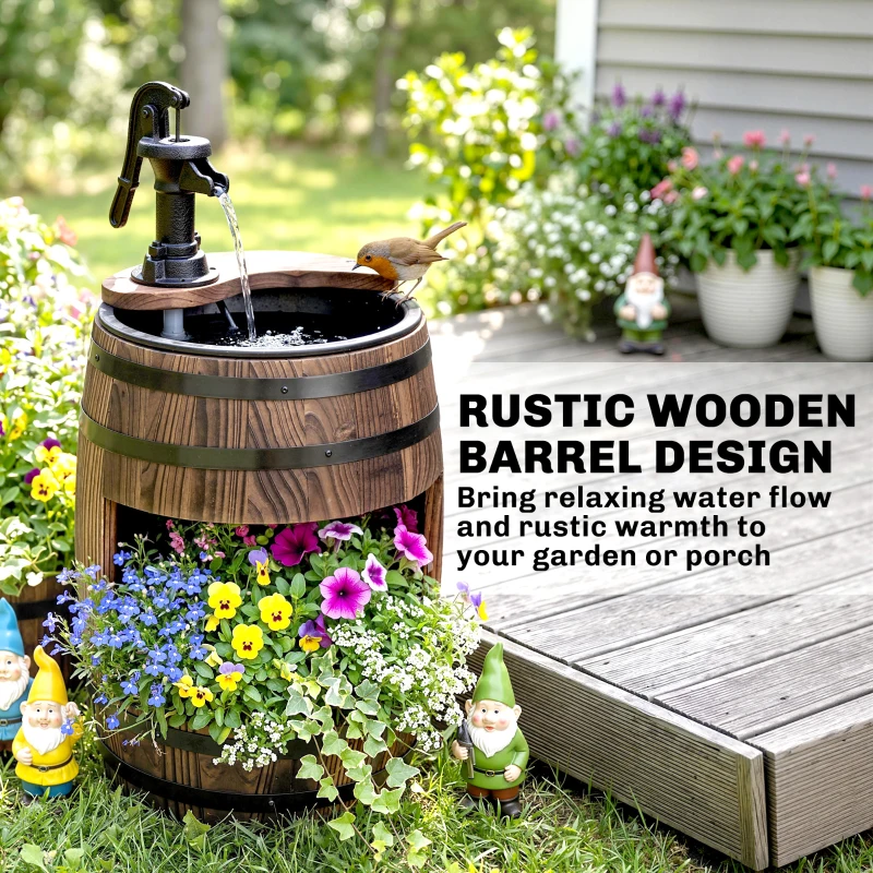 Outsunny 23" H Outdoor Water Fountain Wood and Plastic Rustic Apple Barrel Pump Garden Decor for Outside Backyard