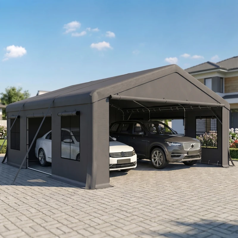 Outsunny 20' x 20' Heavy Duty Carport, Portable Garage Car Canopy Tent Shelter with 3 Roll-up Doors, 4 Windows, Dark Gray