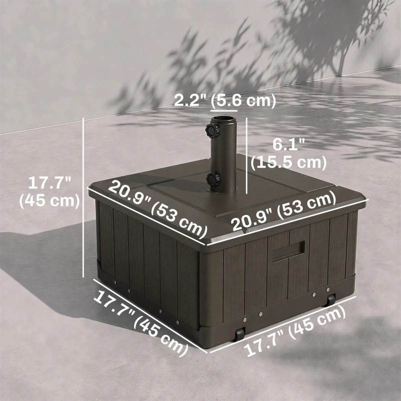 Outsunny 3-in-1 Outdoor Umbrella Base with Wheels and Handles, End Table, Flower Box Planter with Hole, 176 lbs. Capacity, Brown