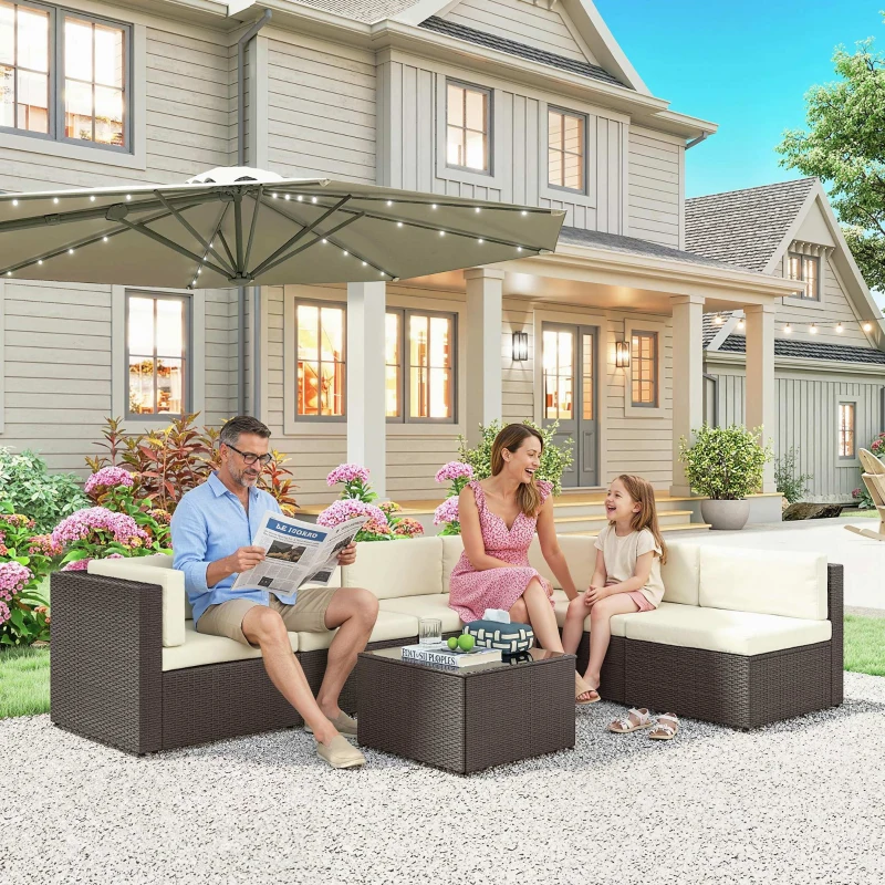 Outsunny 7 Piece Patio Furniture Set, All Weather PE Rattan Outdoor Furniture Conversation Sets with Glass Top Coffee Table