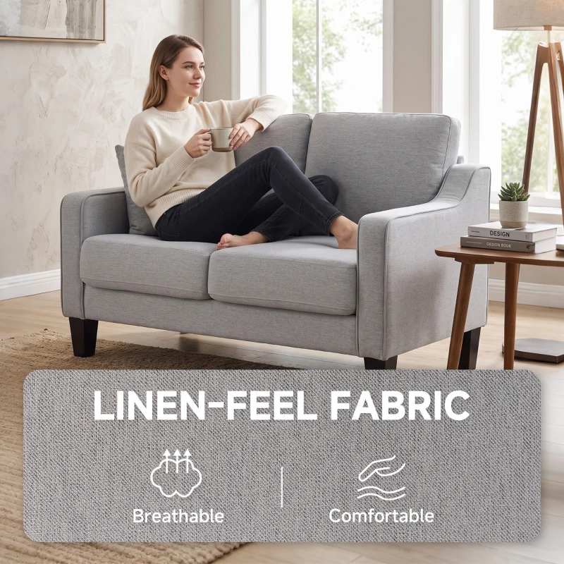 HOMCOM Loveseat Sofa, Modern Couch with Pocket Spring, Linen Upholstered, Thick Padded, Light Grey