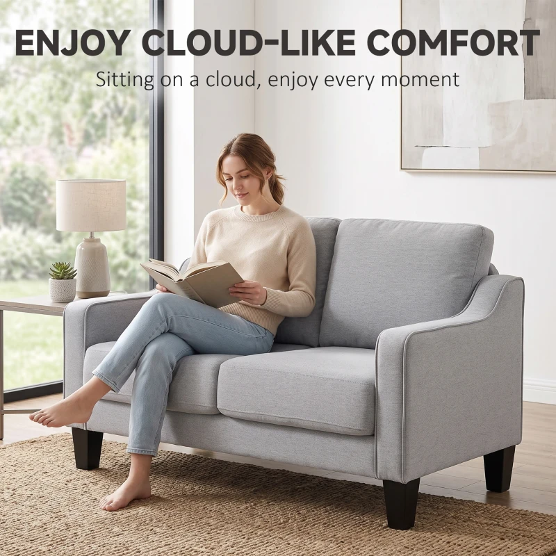 HOMCOM Loveseat Sofa, Modern Couch with Pocket Spring, Linen Upholstered, Thick Padded, Light Grey