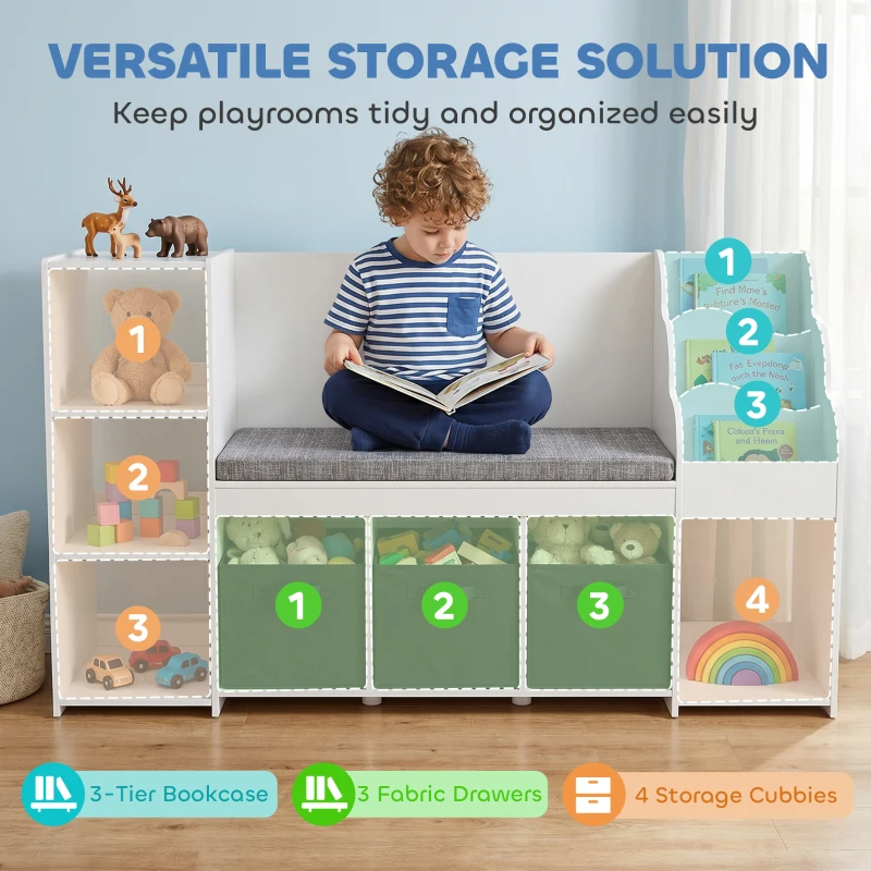Qaba Kids Storage Shelf with Reading Nook, Toy Storage Organizer with Seat Cushion, 3 Fabric Drawers for Playroom, Nursery