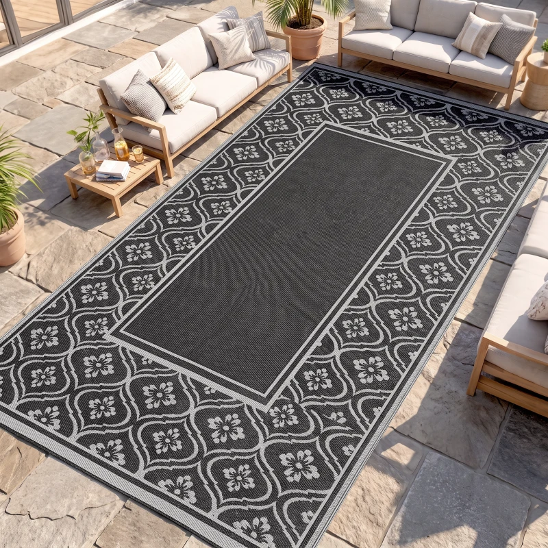 Outsunny Reversible Outdoor Rug, Waterproof Plastic Straw with Carry Bag, 9' x 18', Black & Gray Gourd Border