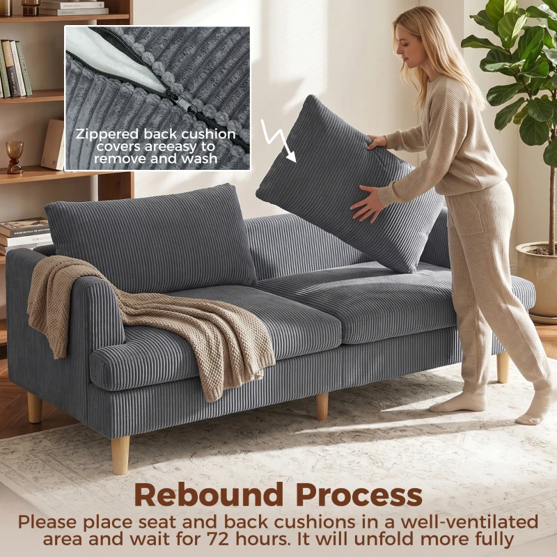 HOMCOM 3 Seater Sofa, 74" Modern Corduroy Upholstered Couch with Thick Spring Cushions, Solid Wood Legs, Armrests, Dark Grey